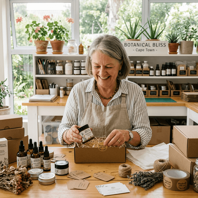 South African entrepreneur packing handmade organic skin products